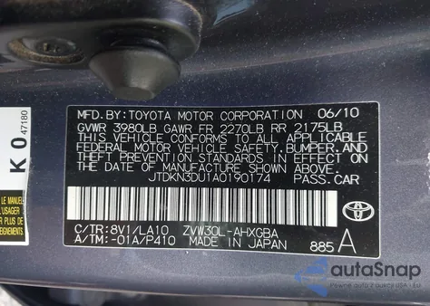 2010 Toyota Prius V from USA, damaged, VIN JTDKN3DU1A0190174